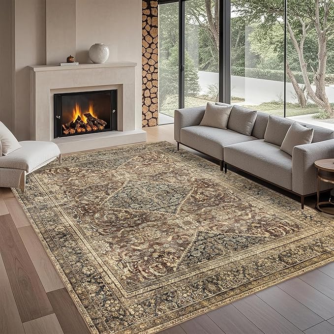 Washable 9x12 Area Rug: Vintage Brown Rugs for Living Room Bedroom Dining Room Office Indoor - Soft Non-Slip Large Carpet Home Decor - Oriental Dark Brown
