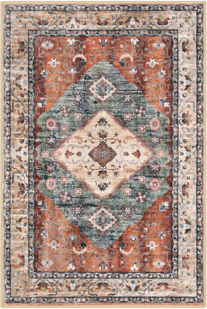 KOZYFLY Small Area Rug 2x3 Ft Rugs for Entryway Washable Boho Entry Rug Non Slip Door Mat Indoor Entrance Rust/Orange/Blue Printed Faux Wool Vintage Printed Kitchen Rug Throw Rugs for Entrance Kitchen