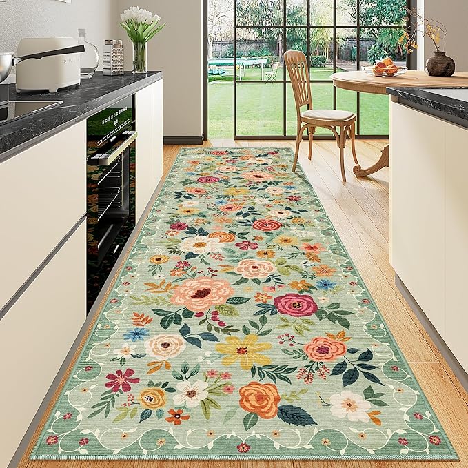 DUKINO 3x10 Runner Rug for Hallway, Washable Kitchen Floral Runner Rug with Non Slip Backing, Low Pile Soft Boho Carpet for Kitchen, Hallway, Entryway, Laundry, Bedroom, Green