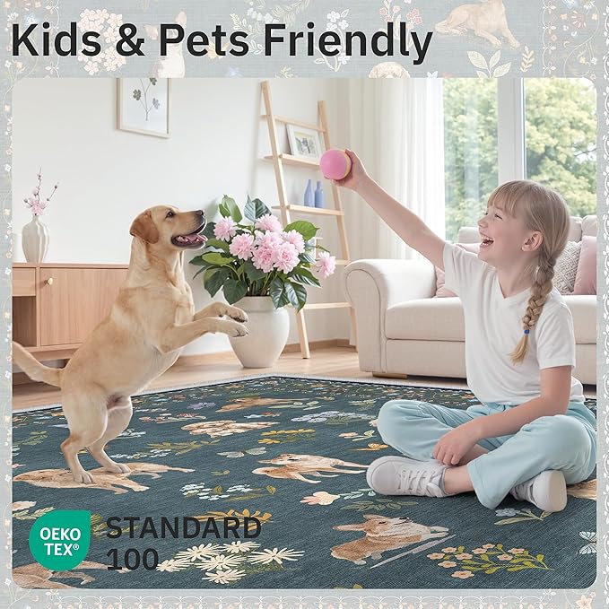Soalmost Dog 9x12 Area Rugs for Living Room, Machine Washable Animal Floral Vintage Rug Non-Slip Low Pile Soft Throw Large Rugs for Classroom Bedroom Dining Room Nursery Playroom (9 x 12,Navy Blue)