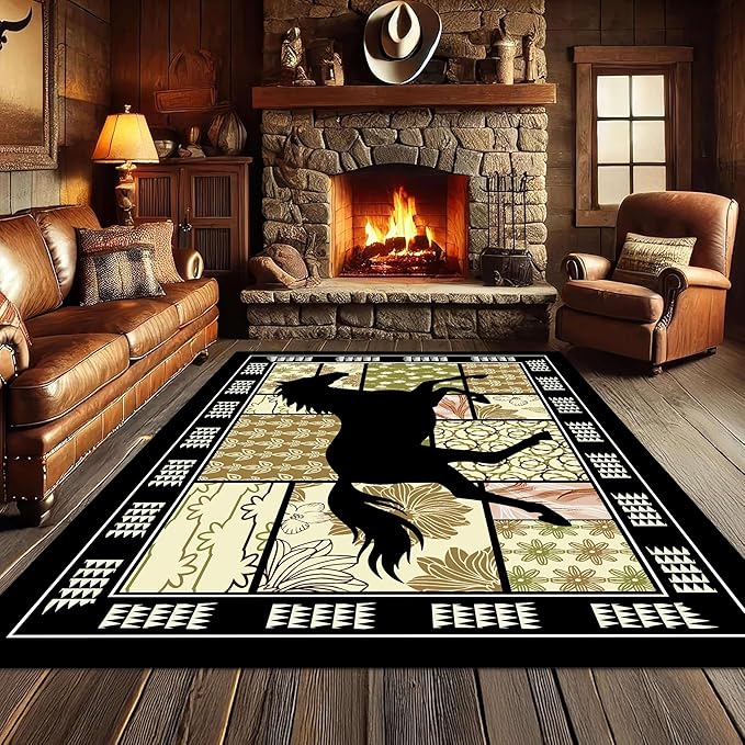 Western Horse Print Rugs 3x5ft,Boho Floral Area Rug, Botanical Print Low Pile Carpet, Stain-Resistant & Machine Washable Non-Slip Mat for Living Room, Bedroom, Dining Room