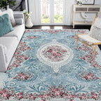 Easy-Going Area Rug 5x7 Washable Floral Rugs for Living Room Non-Slip Bedroom Rug Low Pile Lightweight Retro Flowers Throw Rug for Dining Room Kitchen Home Office Carpet, Teal Red