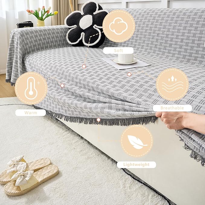 Grey Couch Cover Blanket Cute Geometrical Jacquard Washable Sofa Cover for Extra Large Furniture for 3 Cushion Sofa L Shaped Sectional Couch Blanket 71"x 134"