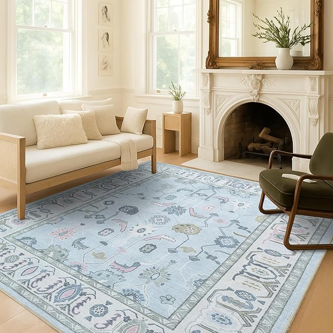 Fame Living Cream Blue Oushak Rug, Modern Small Rugs, Vintage, Turkish, Eclectic, Floral, Pastel, Washable, Door Mat, Doormat for Indoor Entrance, Entryway, Kitchen, Bathroom, Bedroom, Laundry, 2'x3'