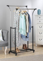 Whitmor Double Rods Clothes Rack, Rolling Clothing Rack for Hanging Clothes, Portable Wardrobe Rack, Adjustable Garment Rack with Wheels, Black & Silver
