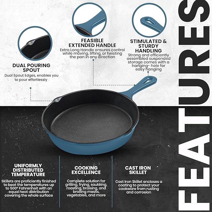Utopia Kitchen Cast Iron Frying Pan 6.5 Inch, Cast Iron Chefs Pan, Pre Seasoned Skillet, Safe Grill Cookware for Indoor & Outdoor Use, Teal