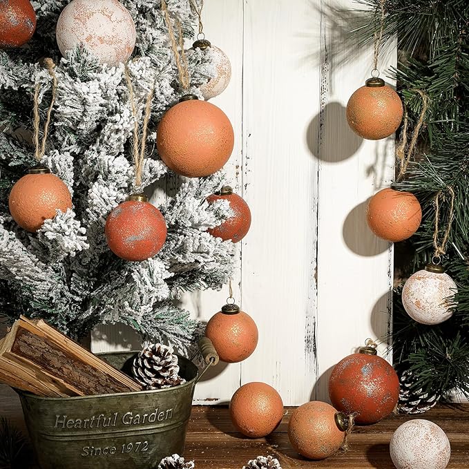 12Pcs 2.36'' Large Rustic Vintage Neutral Textured Farmhouse Brown 2025 Christmas Ornaments Ball for Christmas Tree Decor,Boho Orange Copper Hanging Xmas Ornaments Shatterproof Ball for Home Decor