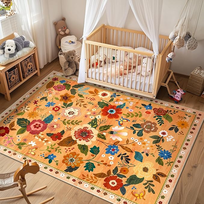 Floral 8x10 Area Rug Machine Washable Soft Print Boho Carpet Non Slip Doormat Low Pile Flower Area Rugs for Living Room Bedroom Nursery Kitchen Dining Room Indoor-Yellow/Orange