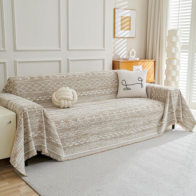 MEETSKY Boho Couch Cover Sofa Slipcover for Sectional Sofa Covers Protector Universal Use Chenille Blend Thick Fabric Washable, Modern Design Sofa Throw Cover for Living Room, 71" x 118", Khaki
