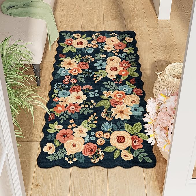 DUKINO 2x4 Washable Runner Rugs, Non Slip Floral Print Entryway Rug with Soft Low Pile, Lightweight Mat for Living Room, Bathroom, Bedroom, Kitchen, Navy Blue