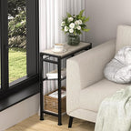 Small Side Table for Small Space, 3-Tier Narrow End Table with Magazine Holder, Slim Nightstand, Skinny Snack Couch Table in Living Room, Bedroom, Study, Kitchen and Balcony (Greige)