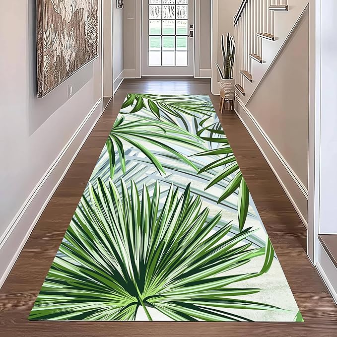 Hall Runner Rug 3.3x10 ft Non-Slip - Tropical Palm Leaves Design in Emerald Green - Easy Clean Washable Carpet for Hallway, Entryway, Bedroom - Durable Floor Decor