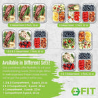FIT Strong & Healthy Glass Meal Prep Containers with Lids, 1 & 2 & 3 Compartments – Portion Control Containers, Glass Lunch Box, Food Storage, Leak-Proof, Oven & Freezer Safe, 35 oz, Blue, 3 Pack