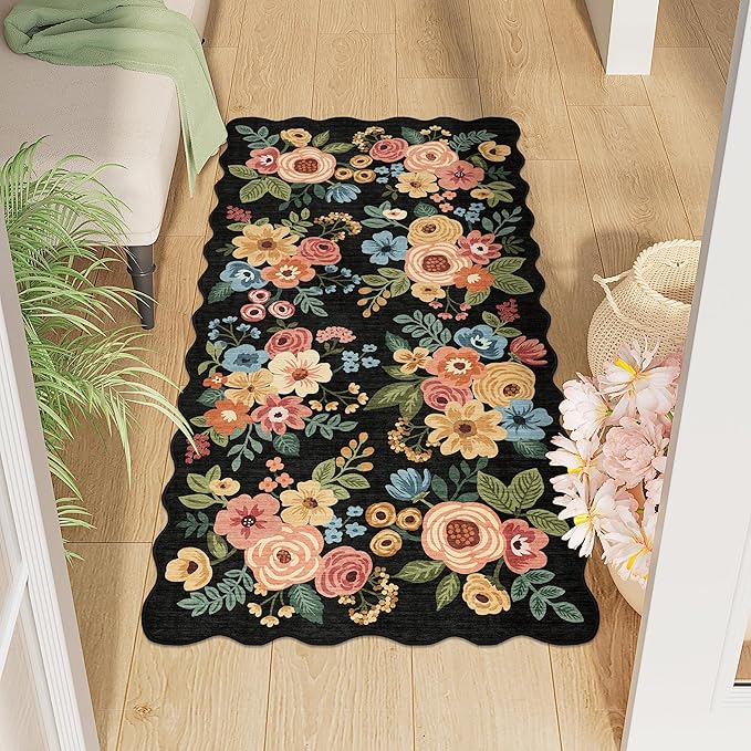DUKINO 2x4 Washable Runner Rugs, Non Slip Floral Print Entryway Rug with Soft Low Pile, Lightweight Mat for Living Room, Bathroom, Bedroom, Kitchen, Black
