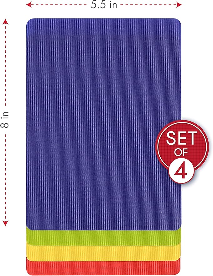 Dexas Heavy Duty Cutting Board Grippmat, Flexible Cutting Boards for Kitchen, Set of 4, Non Slip Plastic Board Cutting Mat Small Size 5.5 x 8, Blue, Green, Yellow, Red Set, Kitchen Gadgets