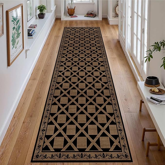 Minimalist Checkered Runner Rug, 2x8ft, Brown Checkerboard Floor Mat, Floral Print Hallway Kitchen Runners Rugs, Washable Breathable Reduce Noise Room Decor Carpet for Bedroom Foyer