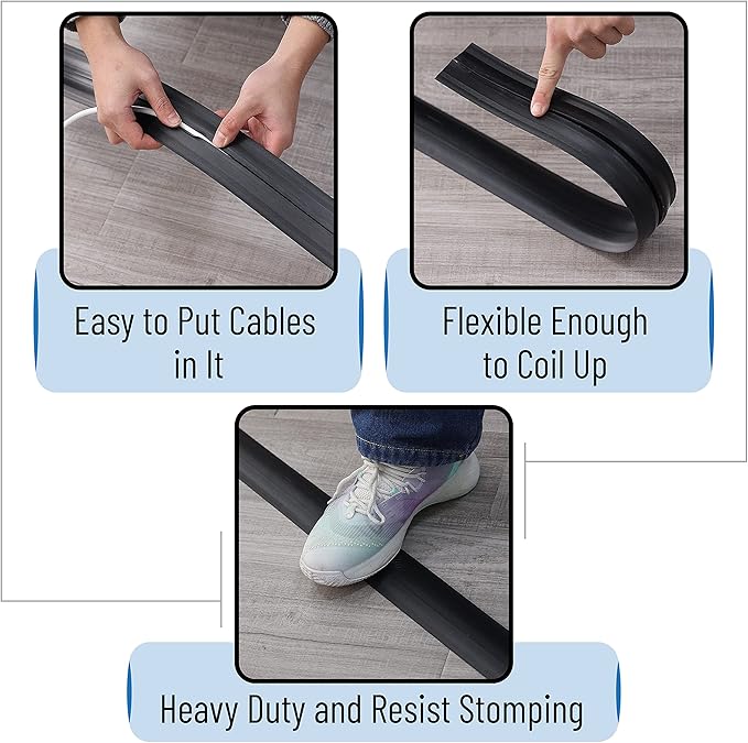 Bates- Floor Cord Cover, 6ft, Cable Cavity 0.6" (W) x 0.31" (H), Heavy Duty Wire Protector, PVC Extension Cords Hider, Protect Cords, Prevent Cable Trips, Cord Hider for Office, Home, Outdoor