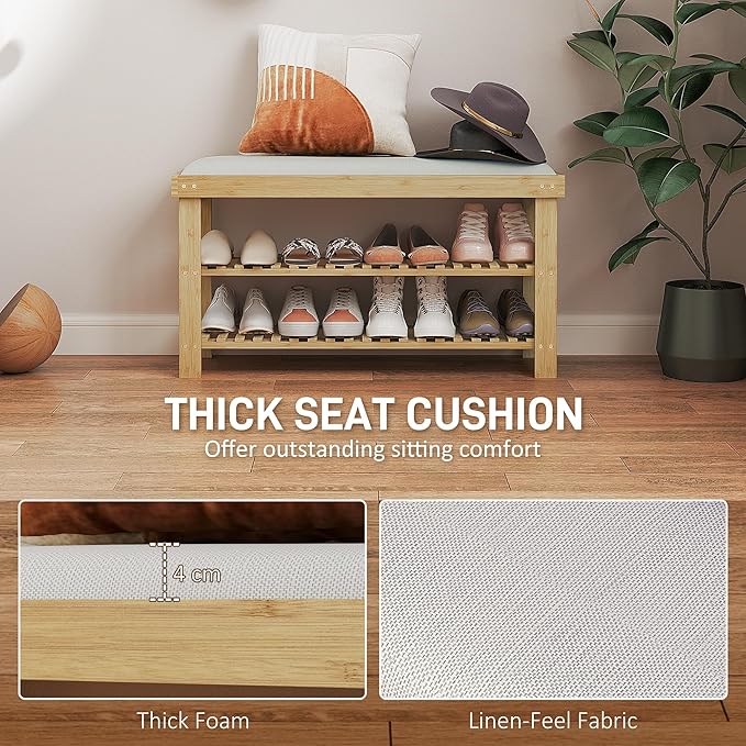 HOMCOM Bamboo Shoe Bench, 3-Tier Entryway Bench with Storage and Cushion, Shoe Organizer for Entryway, Hallway, Holds Up to 331 lbs, 35.4 x 11.4 x 19.3 Inches, Natural