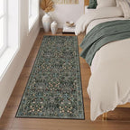 MUJOO Washable Runner Rug,Floral 2x6 Runners for Hallway Kitchen Bedroom Bedside Bathroom Laundry Room,Long Non Slip Throw Carpet Boho Indoor Botanical Vintage Ultra-Thin Black and Green