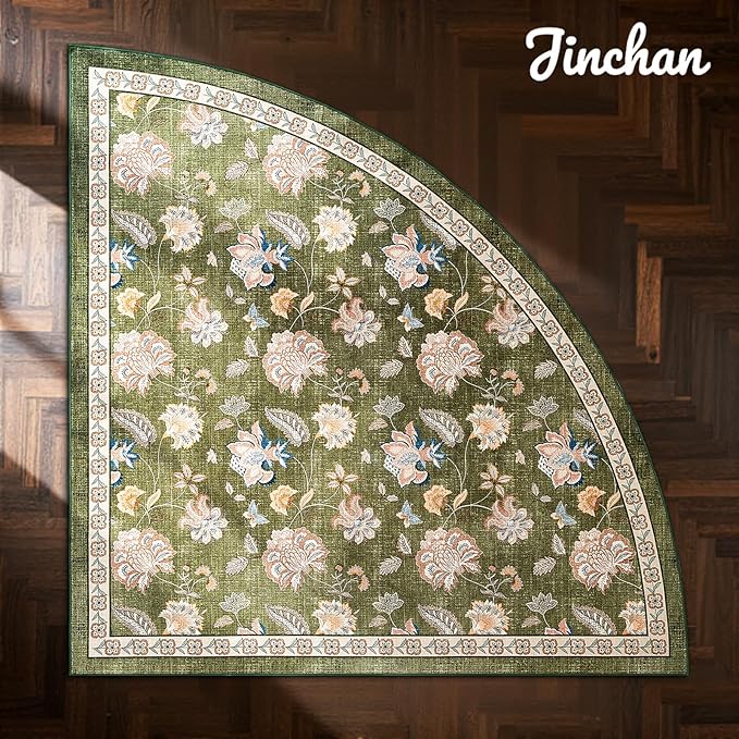 jinchan Elora Floral Corner Rug for Entryway Washable Kitchen Rug Vintage Romance Design Non Slip Quarter Circle Lightweight Low-Pile Throw Carpet for Playroom Reading Nook Nursery, 4ft Radius, Green