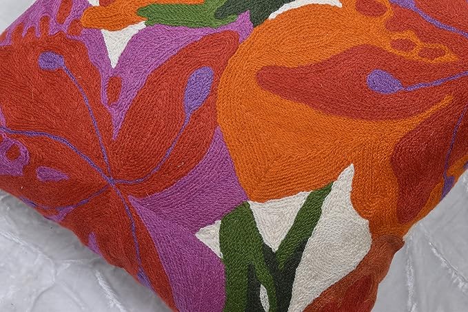 Floral Bloom Pillow Cover | Suzani Accent Pillowcase | Flower Accent Cushions | Hand Embroidered Wool Cushion - 18x18