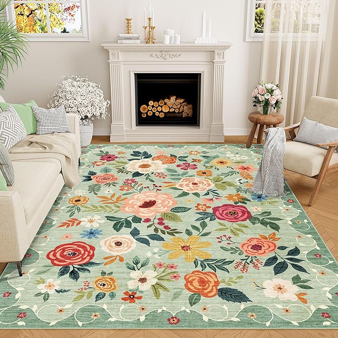 DUKINO 5x7 Area Rug, Floral Rugs for Living Room, Lightweight Non Slip Washable Rug, Indoor Low Pile & Non-Shedding Boho Design Rugs for Bedroom, Living Room, Dining Room, Green