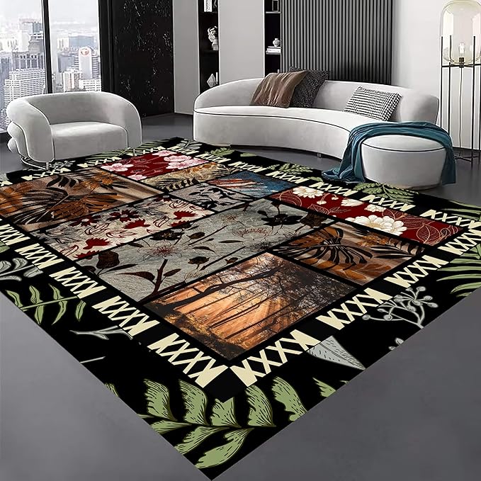 Vintage Jungle Floral Area Rug 7x9ft, Tropical Leaf Print Low Pile Carpet, Washable Non-Slip & Soft Mat for Bedroom, Living Room, Dining Room, Playroom