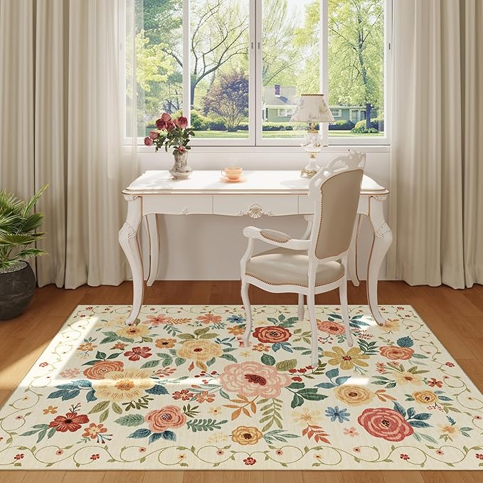 DUKINO 3x5 Area Rug, Floral Rugs for Living Room, Lightweight Non Slip Washable Rug, Indoor Low Pile & Non-Shedding Boho Design Rugs for Bedroom, Living Room, Dining Room, Beige Yellow