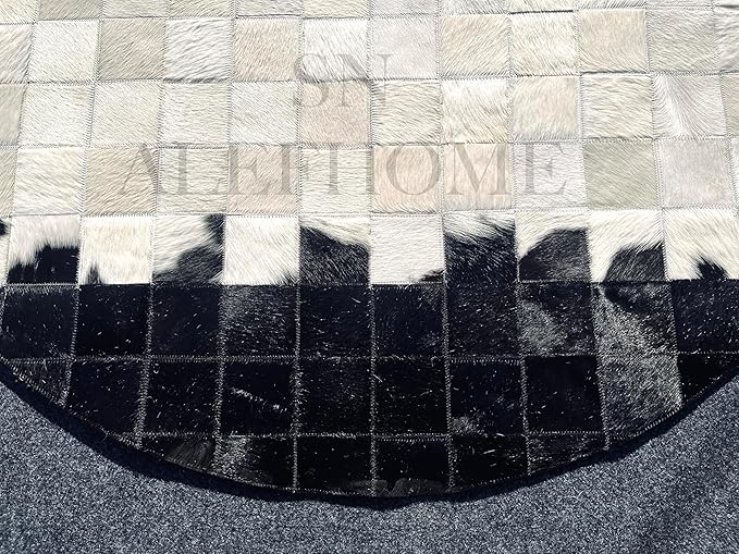 Round Geometric Patchwork Cowhide Leather Area Rug – Washable Non-Slip Modern Carpet for Living Room, Bedroom, Office & Home Décor, Faux Cowhide Accent Rug (Black & White, 10×10ft)