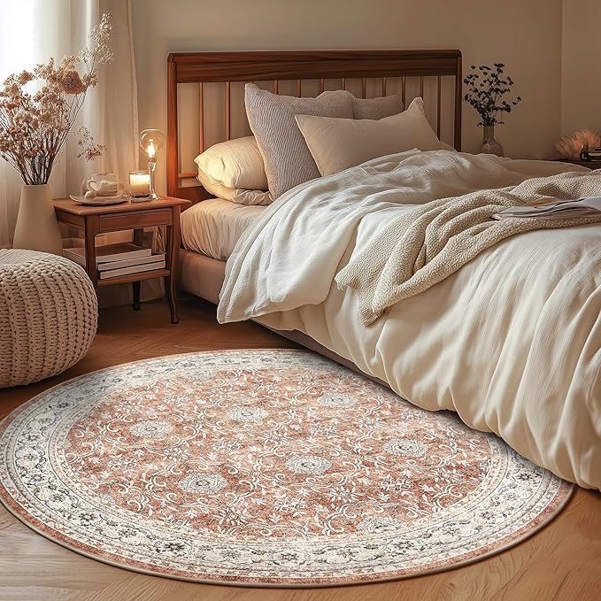 jinchan Round Rug 4ft Washable Circle Soft Rug - Low Pile Vintage 4'Round Indoor Orange Floral Print Stain Resistant Boho Carpet Ultra-Thin Non-Slip for Entryway Nursery Bedroom Dining Room Kitchen