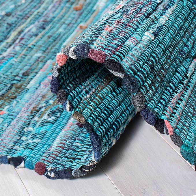 SAFAVIEH Rag Rug Collection Runner Rug - 2'3" x 14', Blue & Multi, Handmade Boho Stripe Cotton, Ideal for High Traffic Areas in Living Room, Bedroom (RAR121B)