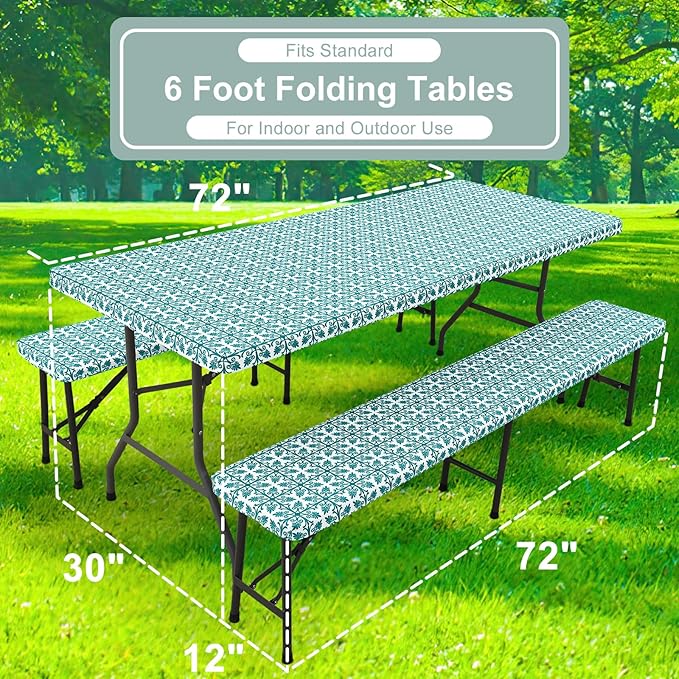 misaya Picnic Table Cover with Bench Cover, Waterproof Elastic Fitted Tablecloth for 6 Foot Tables, Rectangle Washable Polyester Tablecloths for Picnic, Camping, Outdoor (Turquoise, 30" x 72")