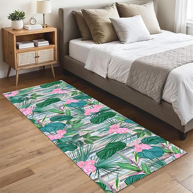 Tropical Runner Rug 2x6 ft - Floral & Leaf Print, Pink Flowers & Greenery - Non-Slip Easy Clean - Hallway, Living Room, Bedroom - Bohemian Watercolor Style