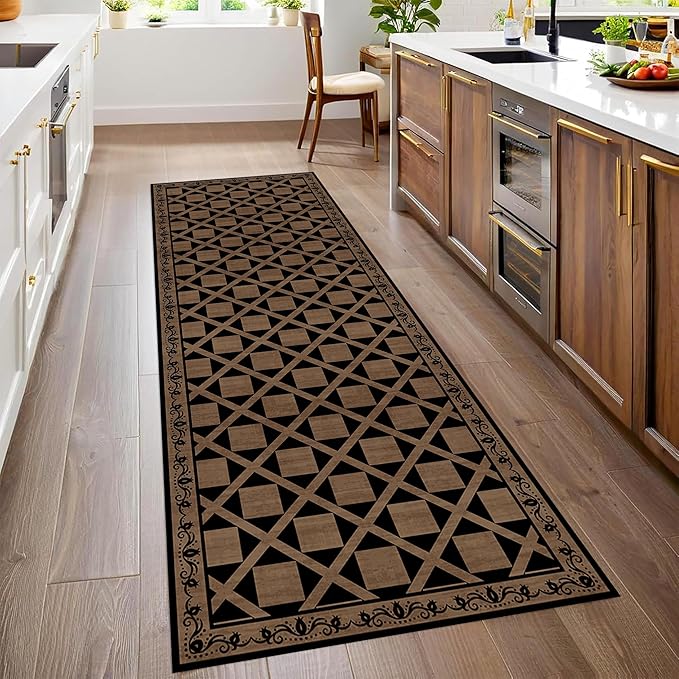 Minimalist Checkered Runner Rug, 3.3x10ft, Brown Checkerboard Floor Mat, Floral Print Hallway Kitchen Runners Rugs, Washable Breathable Reduce Noise Room Decor Carpet for Bedroom Foyer