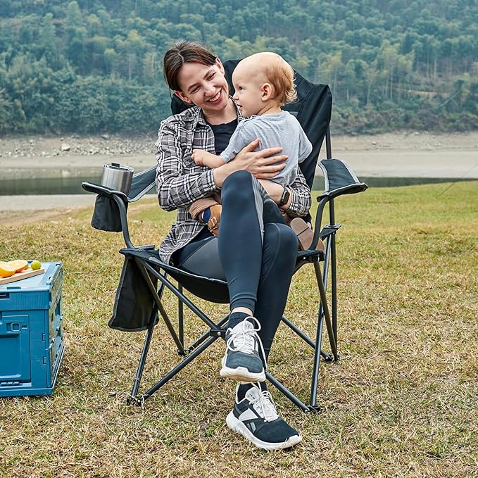 EVER ADVANCED Folding Camping Chair with High Back Padded 2 Pack Oversized Portable Lawn Chairs Lightweight Sturdy Steel Foldable Outdoor Camp Chair for Adults, Black