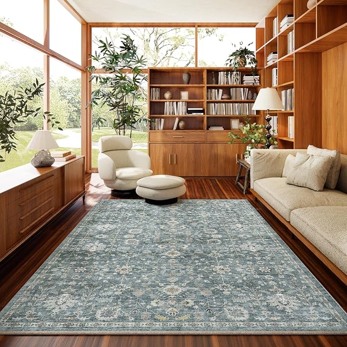 6x9 Washable Rug Vintage Fade Resistant Boho Distressed Non-Slip Indoor Large Carpet Low Pile Lightweight & High-Traffic Safe for Bedroom, Dorm, Playroom - Farmhouse Decor