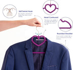Dark Purple Velvet Hangers 50 Pack, Premium Heart Hanger Non-Slip Felt Hanger, 360° Swivel Rose Gold Hooks, Space Saving Slim Hangar, Durable & Cute Clothes Hanger for Adult
