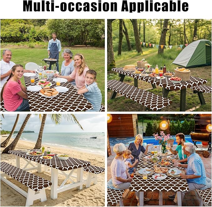 Smiry Picnic Table Cover with Bench Covers, Waterproof Elastic Fitted Tablecloth for 5 Foot Tables, Washable Polyester Tablecloths for Camping, Indoor & Outdoor (Coffee, 30x60 Inch 3-pc Set)