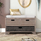 SOFTSEA Storage Bench for Entryway, Upholstered Storage Ottoman with Removable Basket and 2 Drawers, Farmhouse Shoe Bench with Seat Cushion for Entryway, Living Room, Full Assembled, White Wash