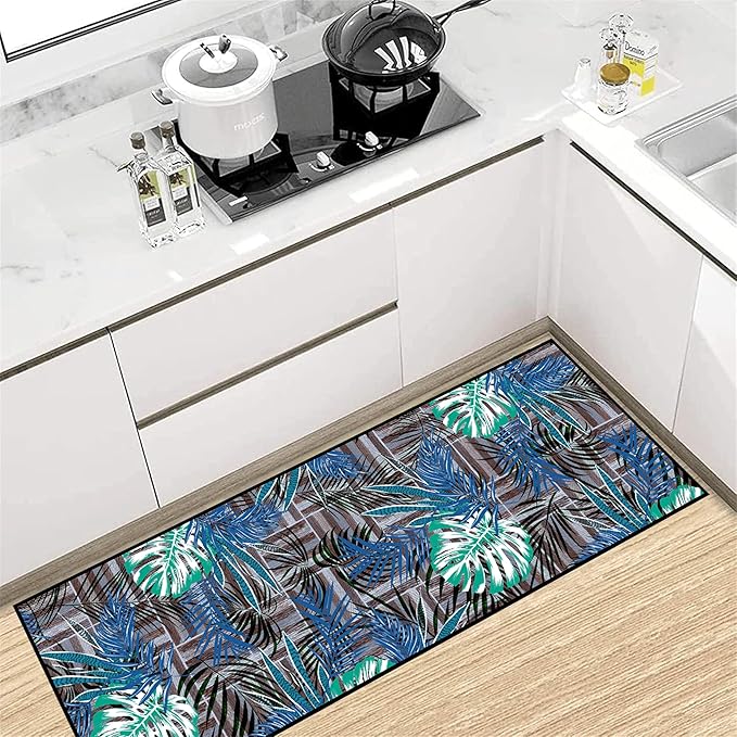 2x6 ft Runner Rug Tropical Blue - Non-Slip Low-Pile & Washable for Hallway, Living Room, Bedroom - Botanical Leaf Print Plush Soft - No Linting Easy Clean Indoor Carpet