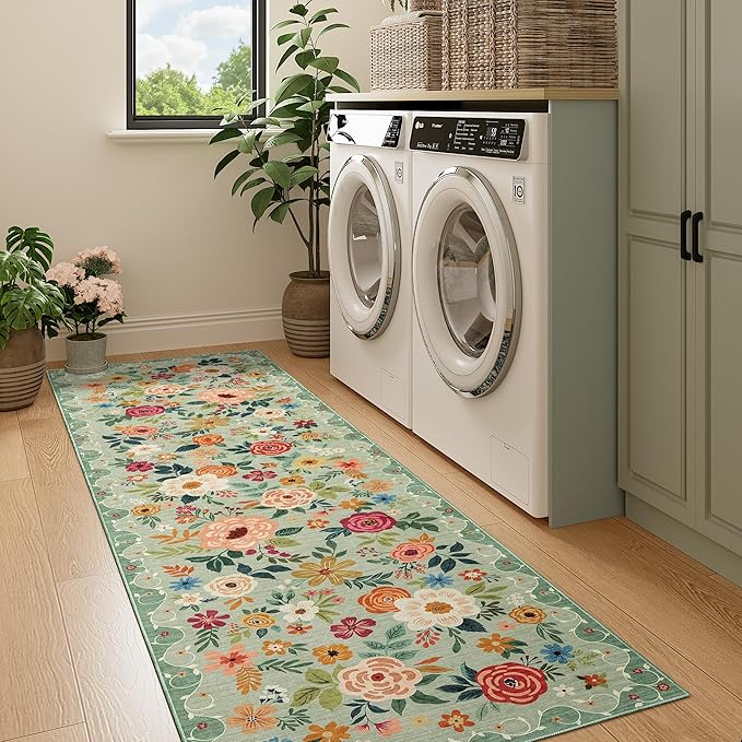 DUKINO Runner Rug, 2x7 Boho Kitchen Rug for Hallways with Low Pile Design, Washable Non Slip Backing Soft Floral Runner for Kitchen, Hallway, Entryway, Bedroom, Laundry, Green