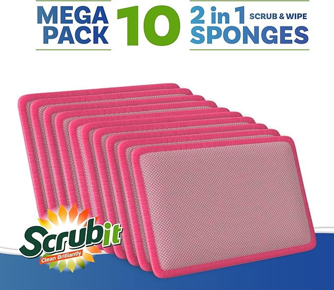 Scrub and Wipe Scrubbing Pads [10 Pack] – SCRUBIT Dual Sided Scouring Pad and Sponge - Reusable Kitchen Scrubbing Sponges for Dishes, Pots, Pans Utensils & Non-Stick Cookware (Pink)