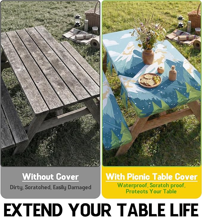 Picnic Table Cover with Bench Covers Waterproof Vinyl Elastic Rectangle Fitted Table Cloth Camping Lovers Essentials Rv Car Travel Overlanding Outdoor Roadtrip Road Trip Men Women Camper Gifts 8 Foot