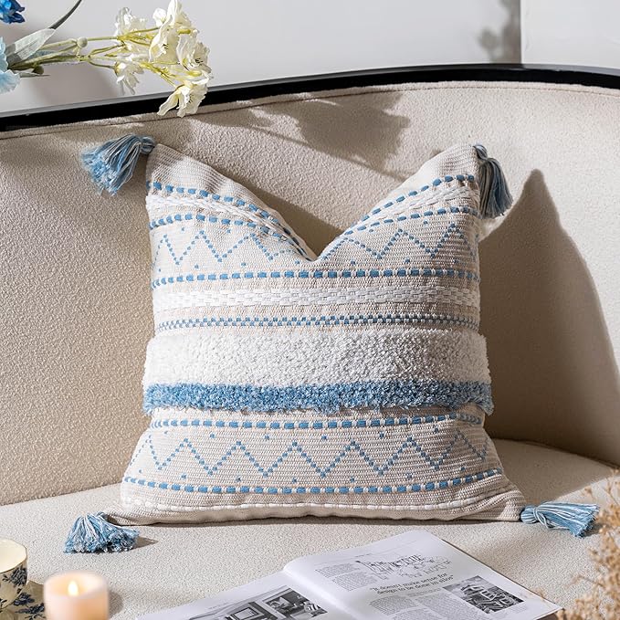 BlissBlush Blue Coastal Decorative Throw Pillow Cover 18X18 Combo Set of 2 Square Boho Accent Pillowcase Tassels Farmhouse Cushion for Couch Sofa Bedroom Living Room Home Décor Cover ONLY