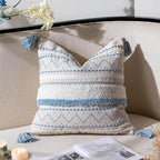 BlissBlush Blue Coastal Decorative Throw Pillow Cover 18X18 Combo Set of 2 Square Boho Accent Pillowcase Tassels Farmhouse Cushion for Couch Sofa Bedroom Living Room Home Décor Cover ONLY