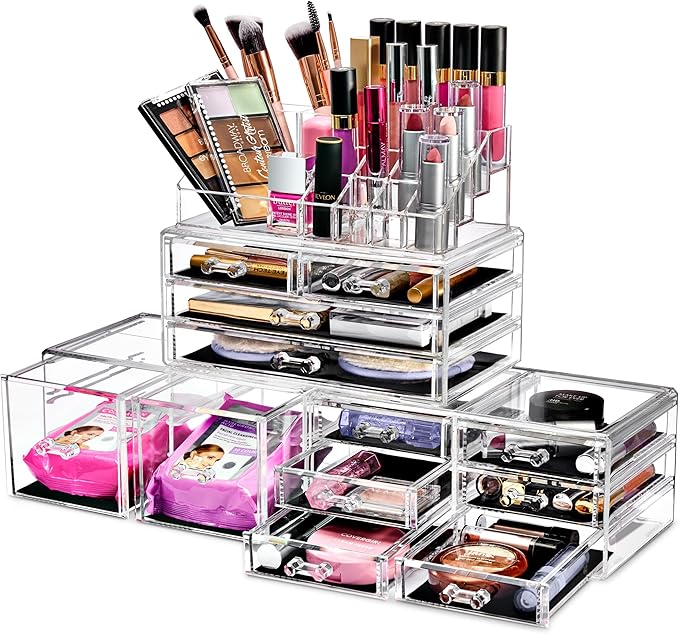 Sorbus Large Makeup Organizer - Clear Stackable Jewelry Makeup Organizer for Vanity, Bathroom Storage Display Case - 12 Drawers Cosmetic Beauty Organizers and Storage with Lipstick Makeup Brush Holder