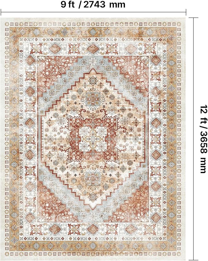 VEVOR 9 x 12 ft Area Rug Large Washable Rug Non-Slip and Tear-Resistant Soft Carpet Pet & Child Friendly Vintage Area Rugs Indoor Mat for Bedroom Living Room Kids Room Office Brown Red