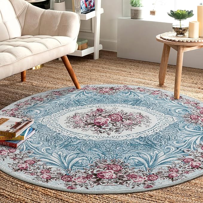 Easy-Going Round Rug 5ft Area Rug Washable Floral Circle Rugs for Living Room Non-Slip Bedroom Rug Low Pile Lightweight Retro Flowers Throw Rug for Dining Room Kitchen Home Home Office, Teal Red