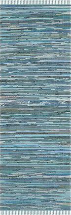 SAFAVIEH Rag Rug Collection Runner Rug - 2'3" x 14', Blue & Multi, Handmade Boho Stripe Cotton, Ideal for High Traffic Areas in Living Room, Bedroom (RAR121B)