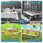 Sunflower Picnic Table Cover with Bench Covers, Summer Farmhouse Outdoor Table Covers with Elastic Camping Tablecloth for Party Essentials, Vintage Floral Rectangular Picnic Tablecloth Cover